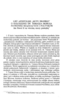 List apostolski &bdquo;motu proprio&rdquo; o ogłoszeniu św. Tomasza Morusa Patronem rządzących i polityk&oacute;w.