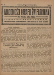 Wiadomości Parafji Św. Florjana przy Kościele Serca Jezusa za Zezwoleniem Władzy Duchownej Kr&oacute;lowi Wiek&oacute;w Nieśmiertelnemu Cześć i Chwała na Wieki Wiek&oacute;w!. R. 2, nr 16 (1919)