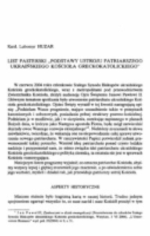 List pasterski Podstawy ustroju patriarszego ukraińskiego Kościoła greckokatolickiego.