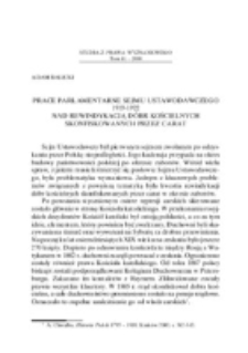 Prace parlamentarne Sejmu Ustawodawczego 1919-1922 nad rewindykacją d&oacute;br kościelnych skonfiskowanych przez carat.