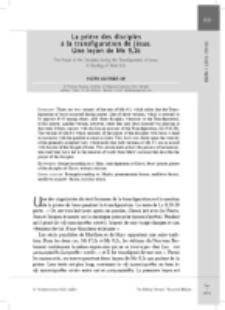 La pri&egrave;re des disciples&agrave; la transfiguration de J&eacute;sus. Une le&ccedil;on de Mc 9,2c.