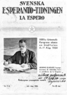 Lâ Espero : officiellt organ för Svenska Esperanto-Förbundet (S.E.F.) : organ för Esperanto-rörelsen i Sverige. Arg. 21, nr 7/8 (Juli.-Aug.1933)