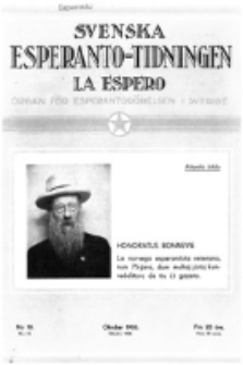 Lâ Espero : officiellt organ för Svenska Esperanto-Förbundet (S.E.F.) : organ för Esperanto-rörelsen i Sverige. Arg. 21, nr 10 (Oktoberr 1933)