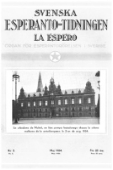 Lâ Espero : officiellt organ för Svenska Esperanto-Förbundet (S.E.F.) : organ för Esperanto-rörelsen i Sverige. Arg. 22, nr 5 (Maj 1934)