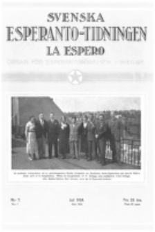 Lâ Espero : officiellt organ för Svenska Esperanto-Förbundet (S.E.F.) : organ för Esperanto-rörelsen i Sverige. Arg. 22, nr 7 (Juli 1934)