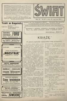 Świat : pismo tygodniowe ilustrowane poświęcone życiu społecznemu, literaturze i sztuce. R. 9 (1914), nr 25 (20 czerwca)
