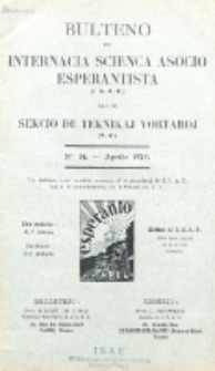 Bulteno de Internacia Scienca Asocio Esperantista (I.S.A.E) kaj de Sekcio de Teknikaj Vortaroj (T.V.). No 14 (Aprilo 1929)