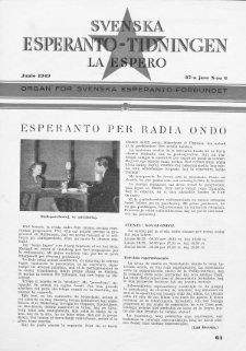 Lâ Espero : officiellt organ för Svenska Esperanto-Förbundet (S.E.F.) : organ för Esperanto-rörelsen i Sverige. Jaro 37, Nr 6 (1949)