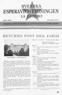 Lâ Espero : officiellt organ för Svenska Esperanto-Förbundet (S.E.F.) : organ för Esperanto-rörelsen i Sverige. Jaro 37, Nr 4 (1949)