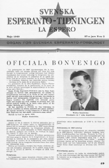 Lâ Espero : officiellt organ för Svenska Esperanto-Förbundet (S.E.F.) : organ för Esperanto-rörelsen i Sverige. Jaro 37, Nr 5 (1949)