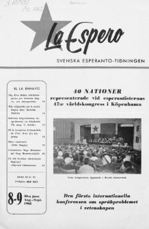 Lâ Espero : officiellt organ för Svenska Esperanto-Förbundet (S.E.F.) : organ för Esperanto-rörelsen i Sverige. Jaro 50, Nr 8/9 (1962)