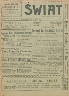 Świat : pismo tygodniowe ilustrowane poświęcone życiu społecznemu, literaturze i sztuce. R. 15 (1920), nr 7 (14 lutego)