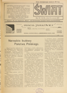 Świat : pismo tygodniowe ilustrowane poświęcone życiu społecznemu, literaturze i sztuce. R. 12 (1917), nr 38 (22 września)