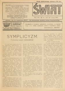 Świat : pismo tygodniowe ilustrowane poświęcone życiu społecznemu, literaturze i sztuce. R. 13 (1918), nr 13 (30 marca)