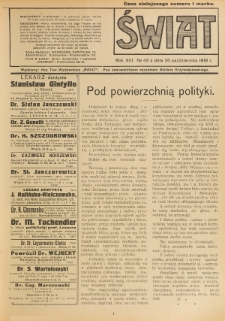 Świat : pismo tygodniowe ilustrowane poświęcone życiu społecznemu, literaturze i sztuce. R. 13 (1918), nr 43 (26 października)