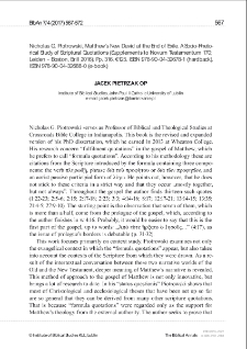 Recenzja : Nicholas G. Piotrowski, Matthew’s New David at the End of Exile. A Socio-Rhetorical Study of Scriptural Quotations (Supplements to Novum Testamentum 170;Leiden – Boston, Brill 2016). Pp. 316. €125. ISBN 978-90-04-32678-1 (hardback).ISBN 978-90-04-32688-0 (e-book).