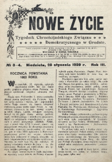 Nowe Życie : tygodnik Chrześcijańskiego Związku Demokratycznego w Grodnie. R. 3, nr 3-4 (1920)