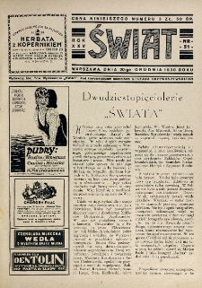 Świat : pismo tygodniowe ilustrowane poświęcone życiu społecznemu, literaturze i sztuce. R. 25, nr 51 (20 grudnia 1930)