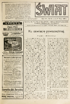 Świat : pismo tygodniowe ilustrowane poświęcone życiu społecznemu, literaturze i sztuce. R. 8 (1913), nr 20 (17 Maja)