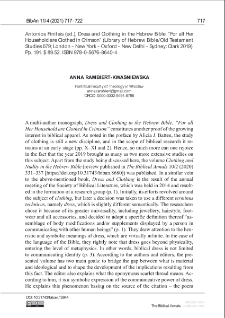 Recenzja : Antonios Finitsis (ed.), Dress and Clothing... in the Hebrew Bible . &ldquo;For all Her Household are Clothed in Crimson&rdquo; (Library of Hebrew Bible/Old Testament Studies 679; London &ndash; New York &ndash; Oxford &ndash; New Delhi &ndash; Sydney: Clark 2019).