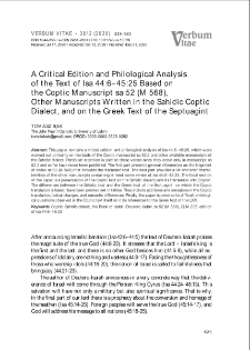 A Critical Edition and Philological Analysis of the Text of Isa 44:6–45:25 Based on the Coptic Manuscript sa 52 (M 568), Other Manuscripts Written in the Sahidic Coptic Dialect, and on the Greek Text of the Septuagint