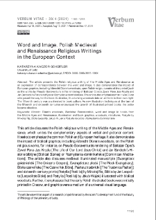 Word and Image. Polish Medievaland Renaissance Religious Writingsin the European Context