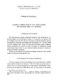 Clergy Formation in the Provisions of Zamość and Lviv Synods