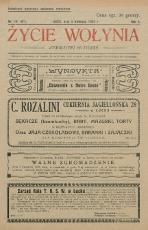 Życie Wołynia : czasopismo bezpartyjne, myśli i czynowi polskiemu na Wołyniu poświęcone. R. 2, nr 14=61 (5 kwietnia 1925)
