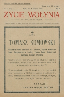 Życie Wołynia : czasopismo bezpartyjne, myśli i czynowi polskiemu na Wołyniu poświęcone. R. 2, nr 17=64 (26 kwietnia 1925)