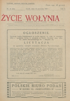Życie Wołynia : czasopismo bezpartyjne, myśli i czynowi polskiemu na Wołyniu poświęcone. R. 2, nr 37=84 (13 września 1925)