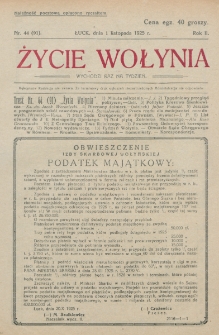 Życie Wołynia : czasopismo bezpartyjne, myśli i czynowi polskiemu na Wołyniu poświęcone. R. 2, nr 44=91 (1 listopada 1925)