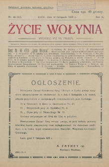 Życie Wołynia : czasopismo bezpartyjne, myśli i czynowi polskiemu na Wołyniu poświęcone. R. 2, nr 46=93 (15 listopada 1925)