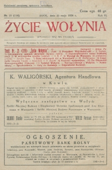 Życie Wołynia : czasopismo bezpartyjne, myśli i czynowi polskiemu na Wołyniu poświęcone. R. 3, nr 21=119 (23 maja 1926)