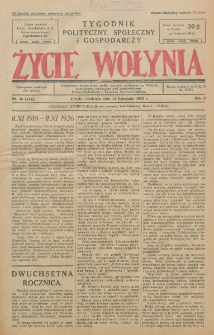 Życie Wołynia : czasopismo bezpartyjne, myśli i czynowi polskiemu na Wołyniu poświęcone. R. 3, nr 46=144 (14 listopada 1926)