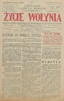 Życie Wołynia : czasopismo bezpartyjne, myśli i czynowi polskiemu na Wołyniu poświęcone. R. 3, nr 47=145 (21 listopada 1926)