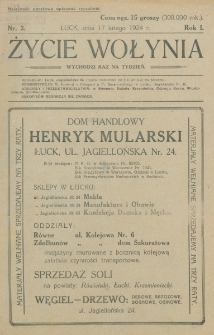 Życie Wołynia : czasopismo bezpartyjne, myśli i czynowi polskiemu na Wołyniu poświęcone. R. 1, nr 3 (17 lutego 1924)