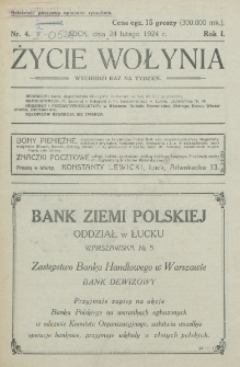 Życie Wołynia : czasopismo bezpartyjne, myśli i czynowi polskiemu na Wołyniu poświęcone. R. 1, nr 4 (24 lutego 1924)