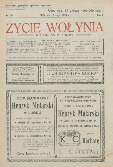 Życie Wołynia : czasopismo bezpartyjne, myśli i czynowi polskiemu na Wołyniu poświęcone. R. 1, nr 14 (3 maja 1924)