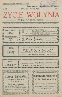 Życie Wołynia : czasopismo bezpartyjne, myśli i czynowi polskiemu na Wołyniu poświęcone. R. 1, nr 18 (1 czerwca 1924)