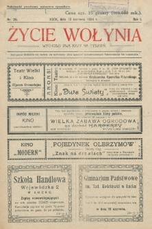 Życie Wołynia : czasopismo bezpartyjne, myśli i czynowi polskiemu na Wołyniu poświęcone. R. 1, nr 20 (15 czerwca 1924)