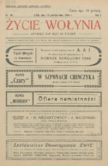 Życie Wołynia : czasopismo bezpartyjne, myśli i czynowi polskiemu na Wołyniu poświęcone. R. 1, nr 38 (19 października 1924)