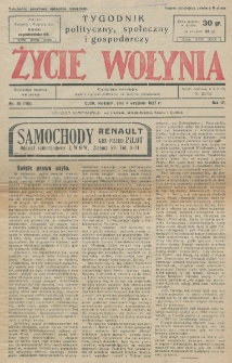 Życie Wołynia : czasopismo bezpartyjne, myśli i czynowi polskiemu na Wołyniu poświęcone. R. 4, nr 35=185 (4 września 1927)