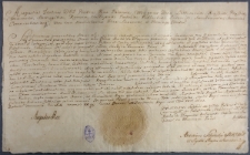 [August III, kr&oacute;l Polski, zezwala Rochowi Kossowskiemu, staroście sieradzkiemu, na odstąpienie praw do wsi Polk&oacute;w i Czechy na rzecz Stanisława(?) Kossowskiego]