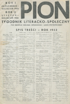 Pion : tygodnik literacko-społeczny. Spis treści R. 1933-1934