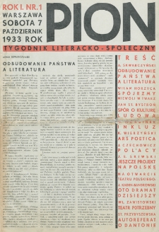 Pion : tygodnik literacko-społeczny. R. 1, nr 1 (7 październik 1933)