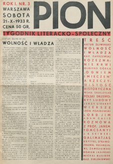 Pion : tygodnik literacko-społeczny. R. 1, nr 3 (21 październik 1933)