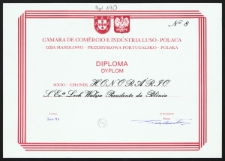 [Dyplom nadania prezydentowi Rzeczpospolitej Polskiej Lechowi Wałęsie tytułu członka honorowego przez Izbę Handlowo-Przemysłową Portugalsko-Polską]