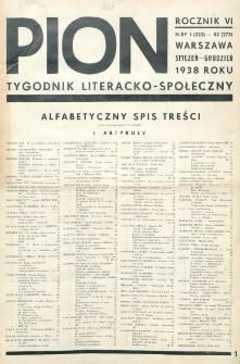 Pion : tygodnik literacko-społeczny. R. 6 (1938) - Spis treści nr 1 (222)-52 (273)