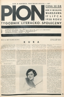 Pion : tygodnik literacko-społeczny. R. 6, nr 28=249 (17 lipca 1938)