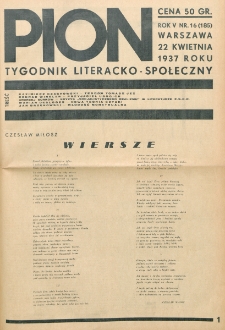 Pion : tygodnik literacko-społeczny. R. 5, nr 16=185 (22 kwietnia 1937)